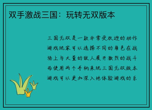 双手激战三国：玩转无双版本